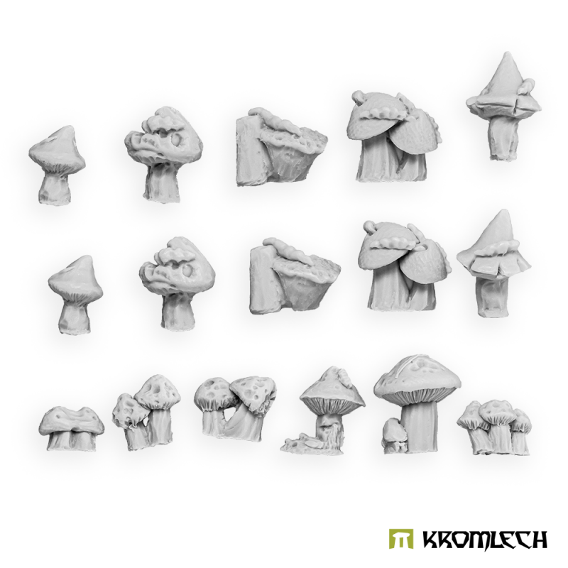 The sixteen mushrooms in grey: five sculpts doubled in the top rows, six single sculpts below