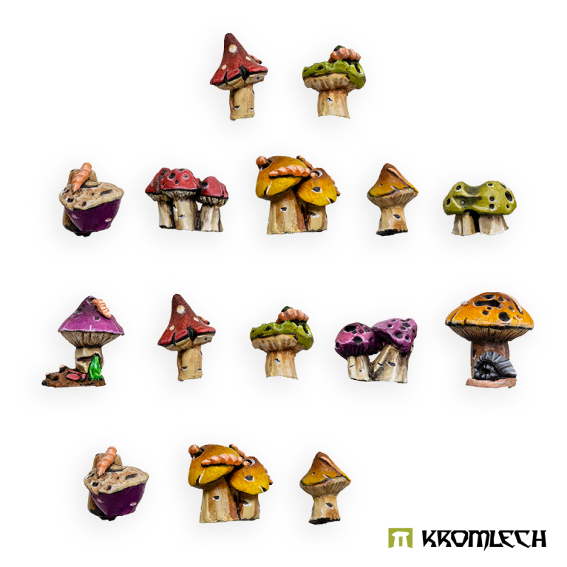 Kromlech Mushrooms painted: sixteen resin mushrooms with red spotted, yellow, green and purple caps