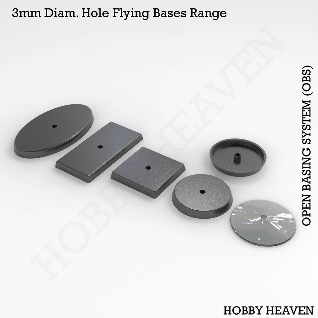 OBS flying bases with 3mm holes - Isometric view of various shapes for wargaming miniatures, compatible with standard flying stems