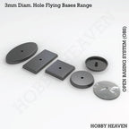OBS flying bases with 3mm holes - Isometric view of various shapes for wargaming miniatures, compatible with standard flying stems