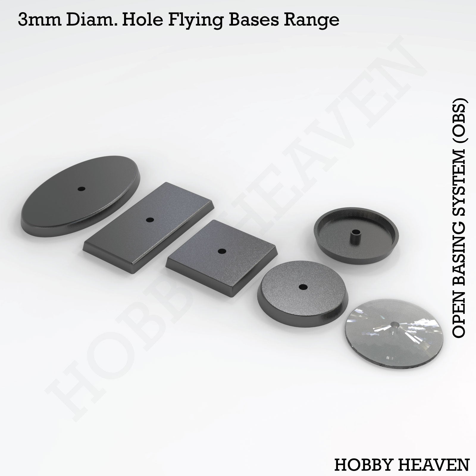 OBS flying bases with 3mm holes - Isometric view of various shapes for wargaming miniatures, compatible with standard flying stems
