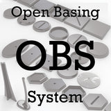 Open Basing System title graphic over 3D printable round, square, oval, hexagonal and rectangular bases