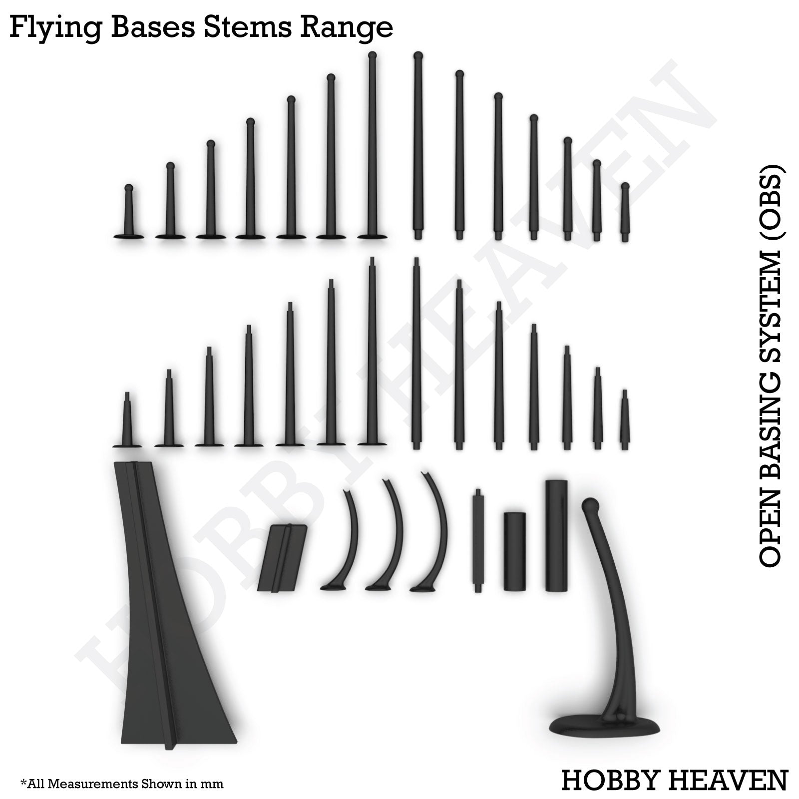 Top view of OBS flying bases and stems range - Comprehensive visual representation of various flying base types and stem styles available in the Open Basing System pack, showcasing flat, tapered, and big stems alongside different base shapes for aerial miniature displays