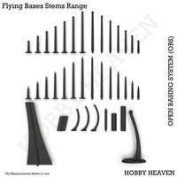 Top view of OBS flying bases and stems range - Comprehensive visual representation of various flying base types and stem styles available in the Open Basing System pack, showcasing flat, tapered, and big stems alongside different base shapes for aerial miniature displays
