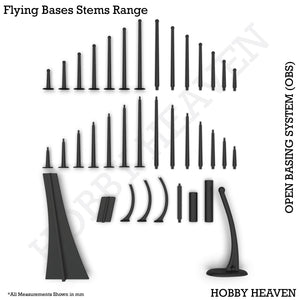 Top view of OBS flying bases and stems range - Comprehensive visual representation of various flying base types and stem styles available in the Open Basing System pack, showcasing flat, tapered, and big stems alongside different base shapes for aerial miniature displays