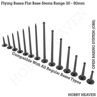 Isometric view of OBS flying flat base stems range - 3D visualization showcasing various heights and diameters of transparent stems for elevating miniatures, demonstrating the versatility of the Open Basing System for aerial displays
