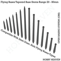 Isometric view of OBS flying tapered stems range - 3D visualization showcasing various heights and diameters of conical transparent stems, demonstrating the Open Basing System's elegant solution for creating dynamic, floating miniature displays
