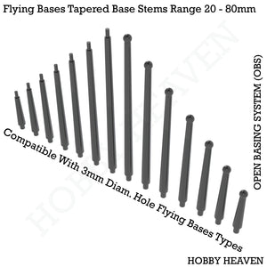 Isometric view of OBS flying tapered stems range - 3D visualization showcasing various heights and diameters of conical transparent stems, demonstrating the Open Basing System's elegant solution for creating dynamic, floating miniature displays