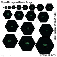 Top view of OBS hexagonal bases range - Visual representation of various sizes of six-sided bases available in the Open Basing System pack, demonstrating the diverse options for hexagonal miniature bases
