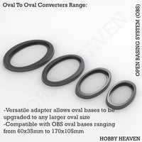 OBS Oval to Oval Converters - Isometric view of various size adapters for oval wargaming bases
