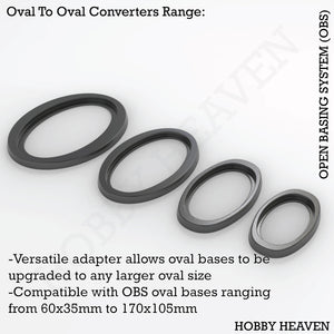 OBS Oval to Oval Converters - Isometric view of various size adapters for oval wargaming bases