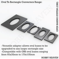 OBS Oval to Rectangle Converters - Isometric view of adapters transforming oval bases to rectangular shapes for wargaming miniatures
