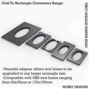 OBS Oval to Rectangle Converters - Isometric view of adapters transforming oval bases to rectangular shapes for wargaming miniatures