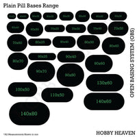 Top view of OBS pill bases range - Visual representation of various sizes of elongated oval bases available in the Open Basing System pack, showcasing the diverse options for pill-shaped miniature bases
