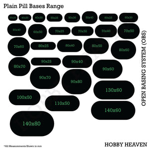 Top view of OBS pill bases range - Visual representation of various sizes of elongated oval bases available in the Open Basing System pack, showcasing the diverse options for pill-shaped miniature bases