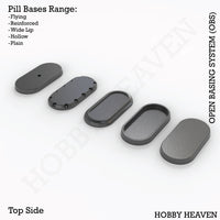 OBS pill bases types - Isometric view of elongated oval bases for wargaming miniatures, various sizes and styles
