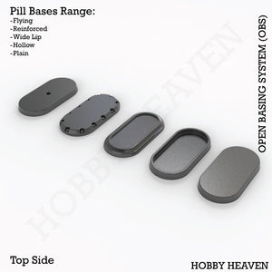 OBS pill bases types - Isometric view of elongated oval bases for wargaming miniatures, various sizes and styles