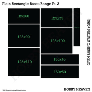 Top view of OBS rectangle bases range - Visual representation of various sizes and proportions of rectangular bases available in the Open Basing System pack