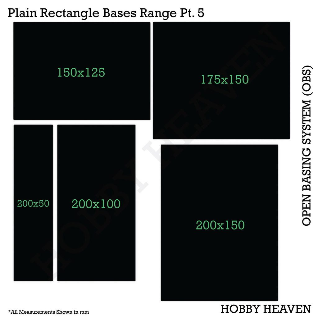 Top view of OBS rectangle bases range - Visual representation of various sizes and proportions of rectangular bases available in the Open Basing System pack