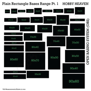 Top view of OBS rectangle bases range - Visual representation of various sizes and proportions of rectangular bases available in the Open Basing System pack