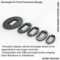 OBS Rectangle to Oval Converters - Isometric view of adapters transforming rectangular bases to oval shapes for wargaming miniatures
