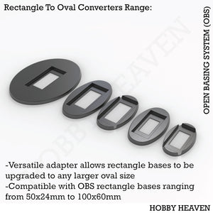 OBS Rectangle to Oval Converters - Isometric view of adapters transforming rectangular bases to oval shapes for wargaming miniatures