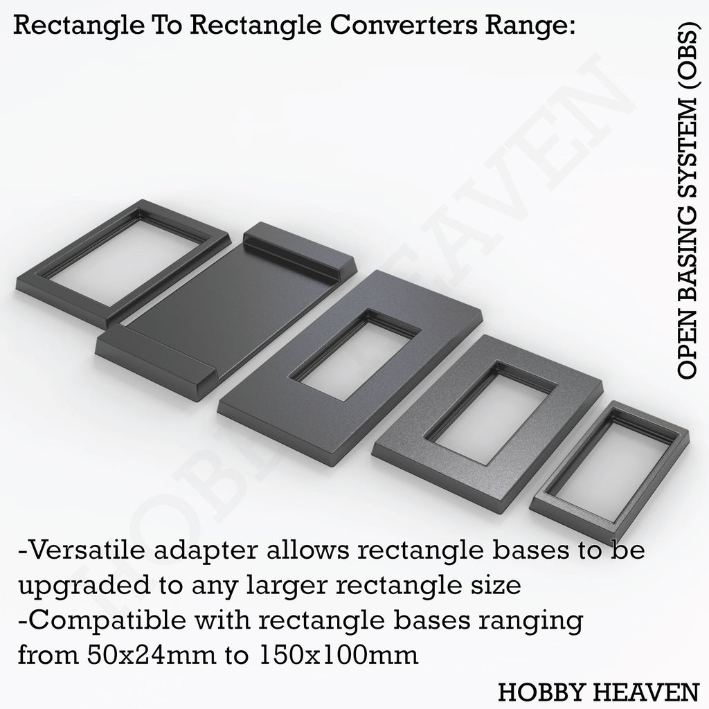 OBS Rectangle to Rectangle Converters - Isometric view of various size adapters for rectangular wargaming bases