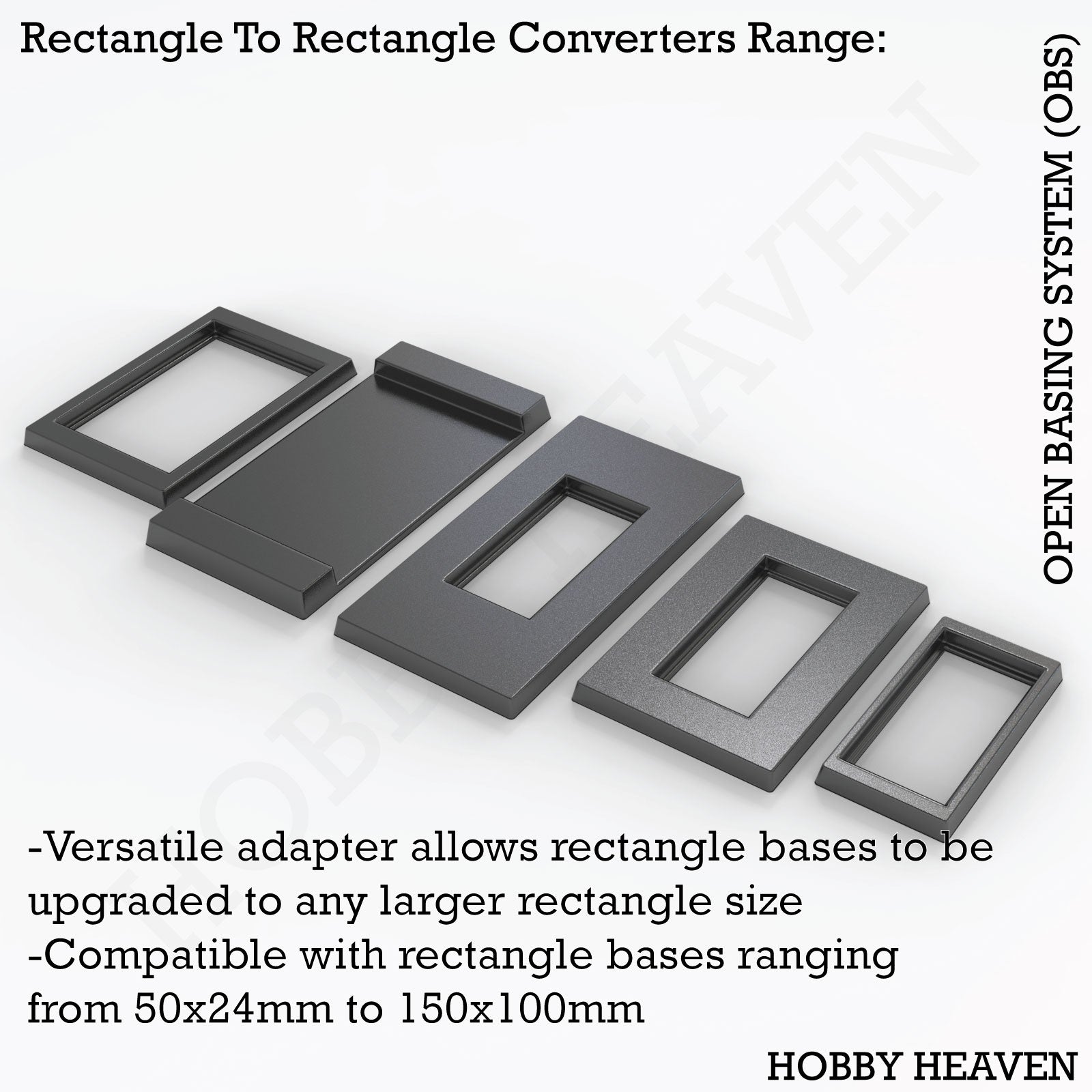OBS Rectangle to Rectangle Converters - Isometric view of various size adapters for rectangular wargaming bases