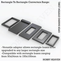 OBS Rectangle to Rectangle Converters - Isometric view of various size adapters for rectangular wargaming bases
