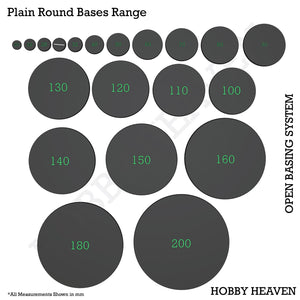 Top view of OBS round bases range - Visual representation of various diameters of circular bases available in the Open Basing System pack, illustrating the comprehensive selection of sizes