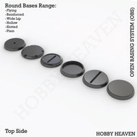 OBS round bases types - Isometric view of circular bases for wargaming miniatures, diverse diameters and styles available
