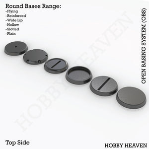 OBS round bases types - Isometric view of circular bases for wargaming miniatures, diverse diameters and styles available