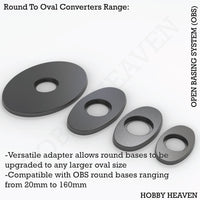 OBS Round to Oval Converters - Isometric view of adapters transforming circular bases to oval shapes for wargaming miniatures
