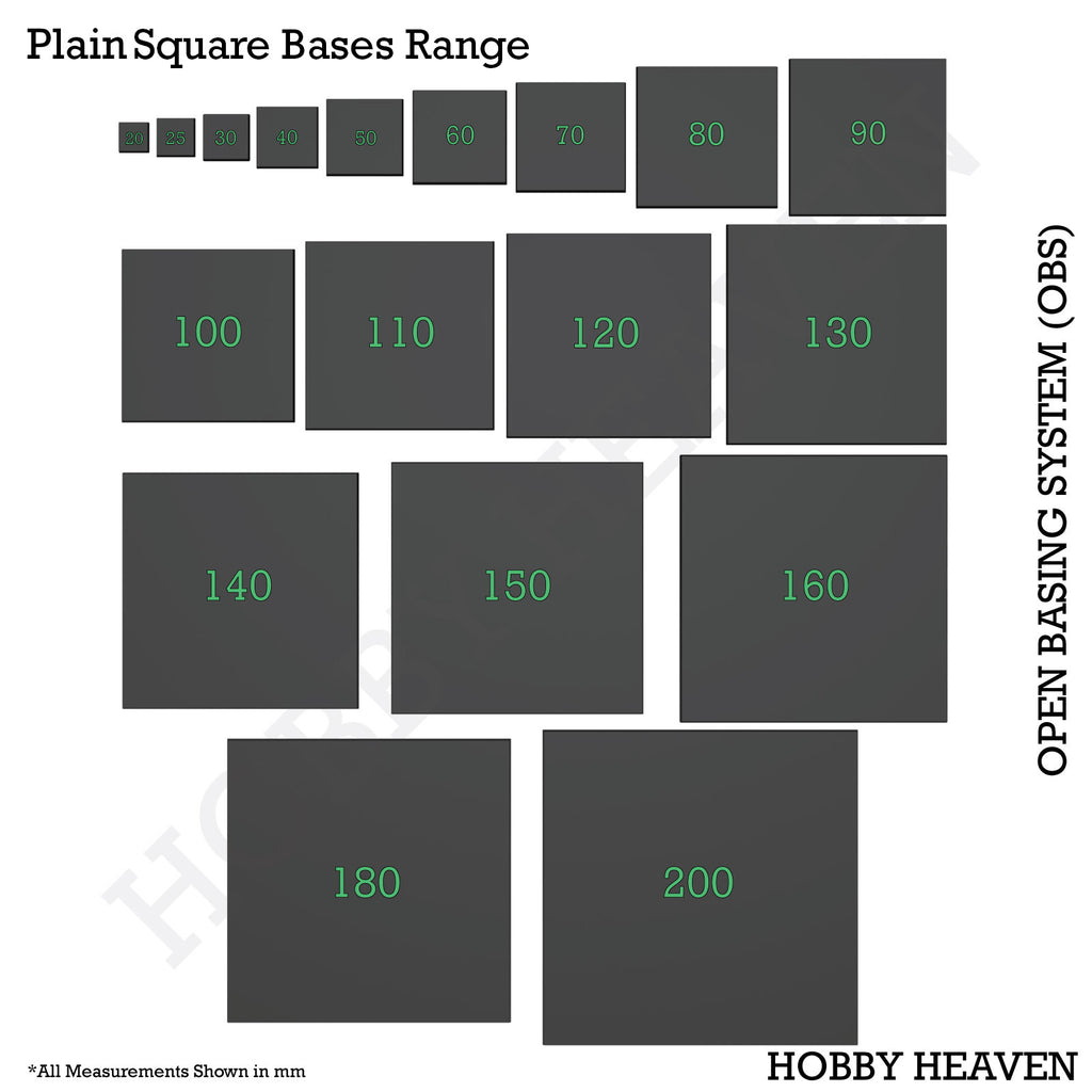Top view of OBS square bases range - Visual representation of various sizes of square bases available in the Open Basing System pack, showcasing the diversity of options