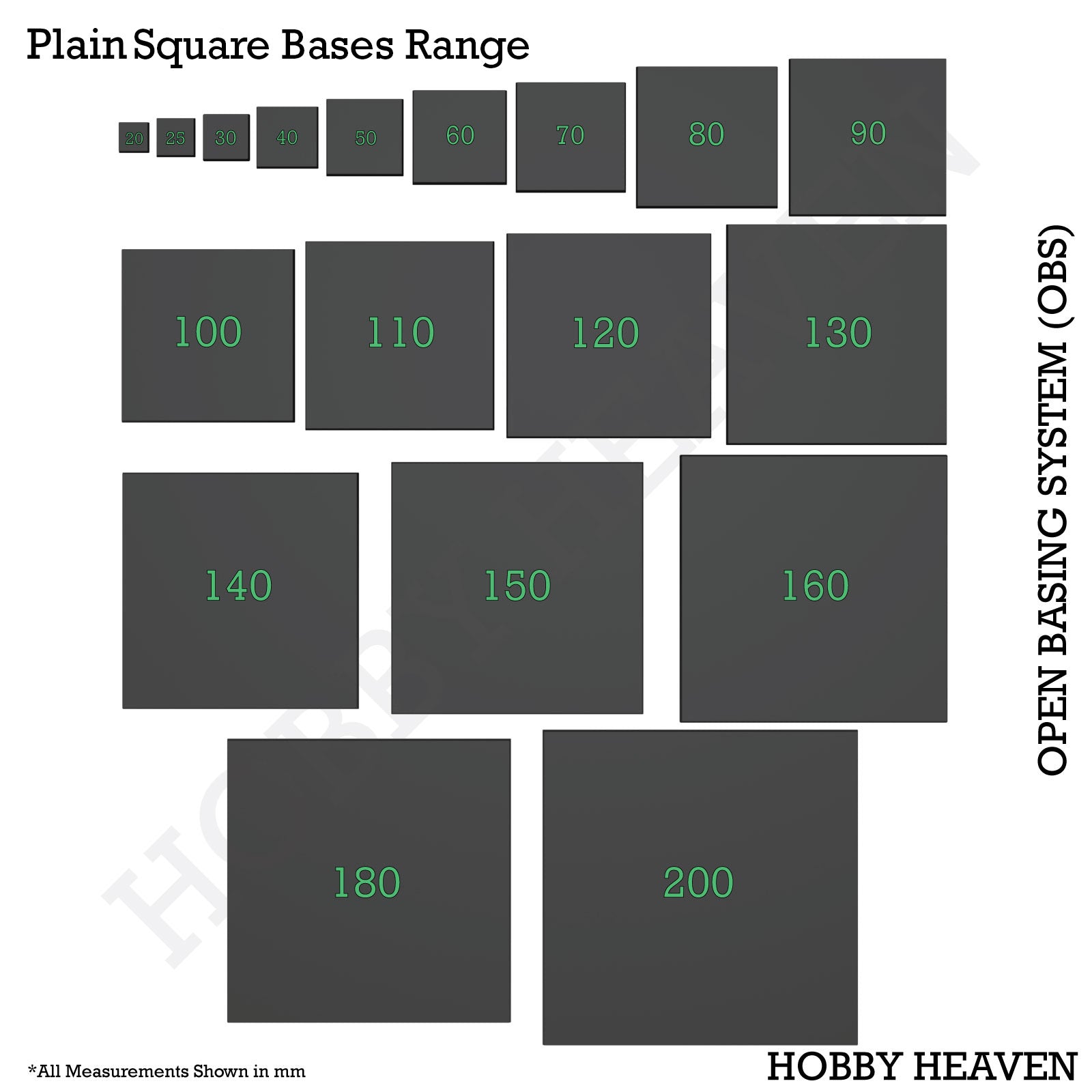 Top view of OBS square bases range - Visual representation of various sizes of square bases available in the Open Basing System pack, showcasing the diversity of options