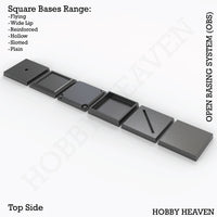 OBS square bases types - Isometric view of various square bases for wargaming miniatures, multiple sizes and styles shown
