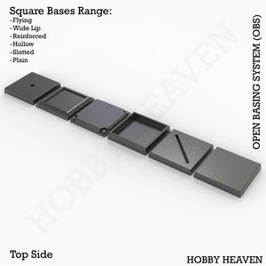 OBS square bases types - Isometric view of various square bases for wargaming miniatures, multiple sizes and styles shown