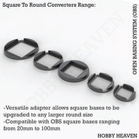 OBS Square to Round Converters - Isometric view of adapters transforming square bases to circular shapes for wargaming miniatures
