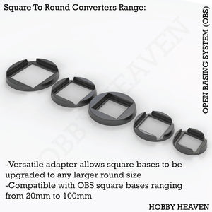 OBS Square to Round Converters - Isometric view of adapters transforming square bases to circular shapes for wargaming miniatures