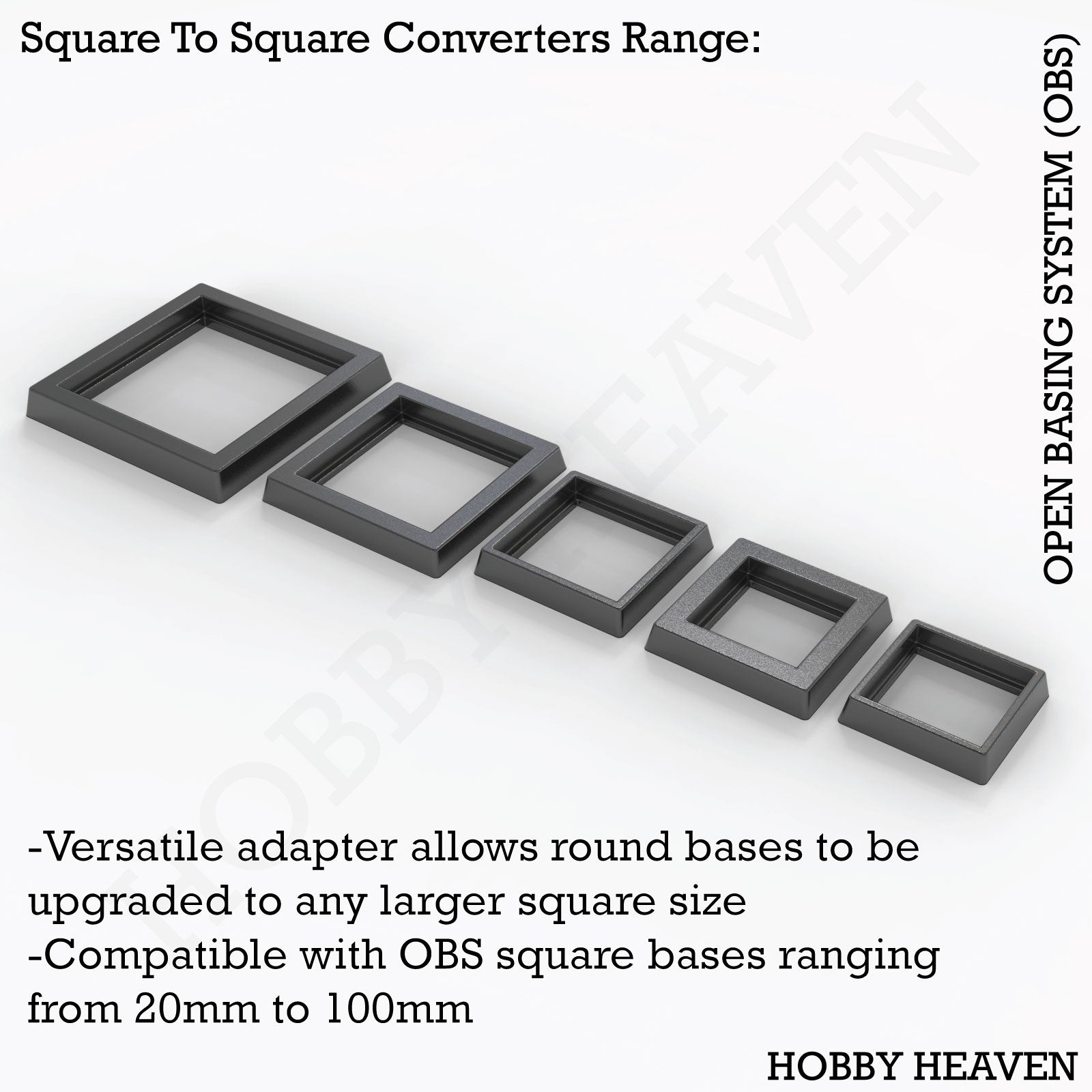 OBS Square to Square Converters - Isometric view of various size adapters for square wargaming bases
