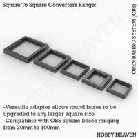 OBS Square to Square Converters - Isometric view of various size adapters for square wargaming bases
