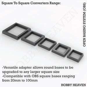 OBS Square to Square Converters - Isometric view of various size adapters for square wargaming bases