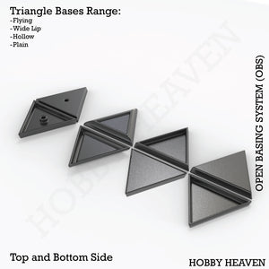 OBS triangle bases types - Isometric view of various triangular bases for wargaming miniatures, different sizes and styles displayed