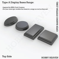 OBS Type A Display bases - Isometric view of stylish display platforms for wargaming miniatures, various sizes shown
