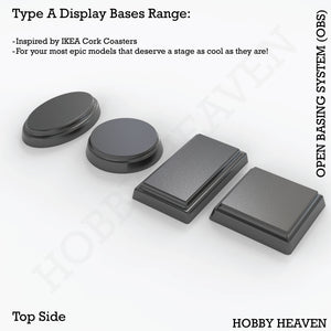 OBS Type A Display bases - Isometric view of stylish display platforms for wargaming miniatures, various sizes shown