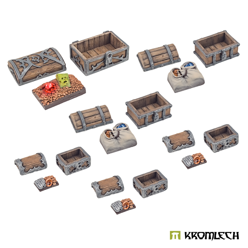 Kromlech Open Chests painted: six wooden chests with their lids off, coins, gem sacks and a mail shirt
