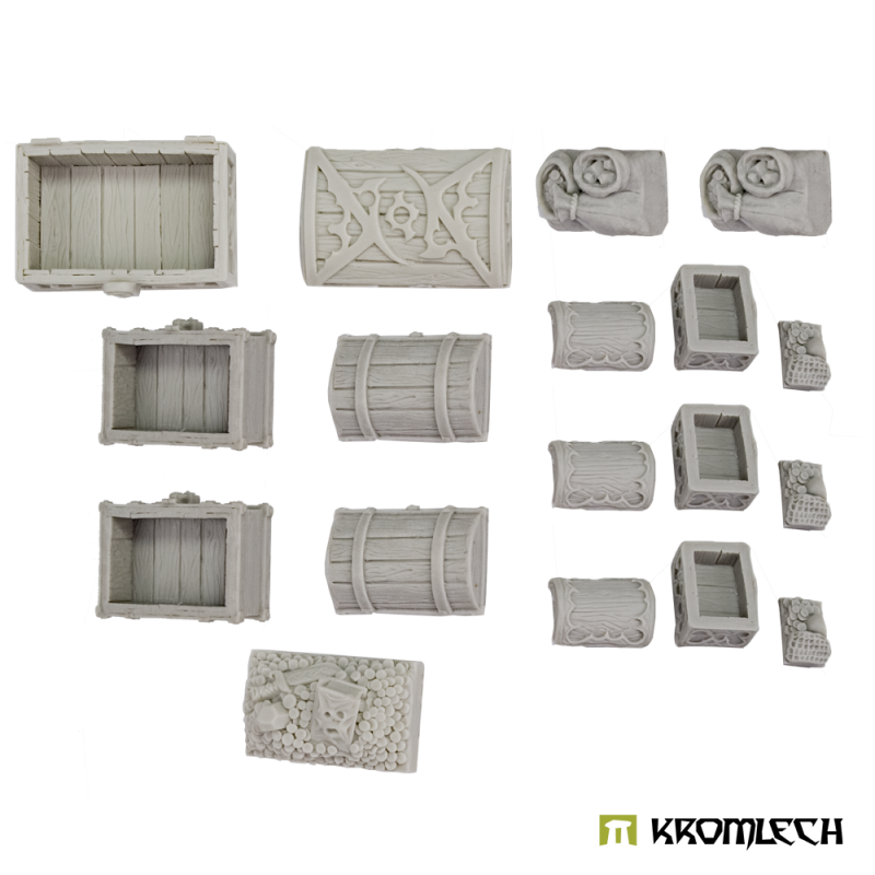 The 18 resin parts in grey: six chest boxes, six lids and six treasure fills