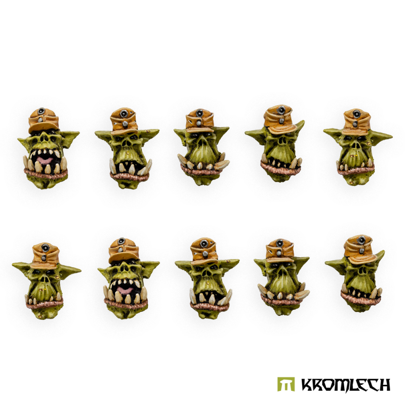 Kromlech Orc Afrika Korps Heads painted: ten tusked orc heads in tan peaked caps