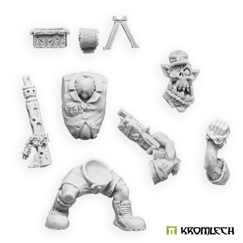 The gunner's resin parts in grey: body, legs, head, arms, gun and bipod