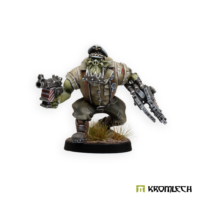 Kromlech Orc Afrika Korps Squad Leader painted: an orc officer with a big pistol and a mechanical claw